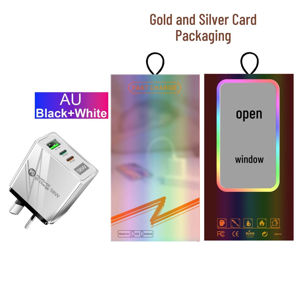 58W Dual Fast Charger with 2PD+QC3.0, Compatible with EU/US/UK Plugs.