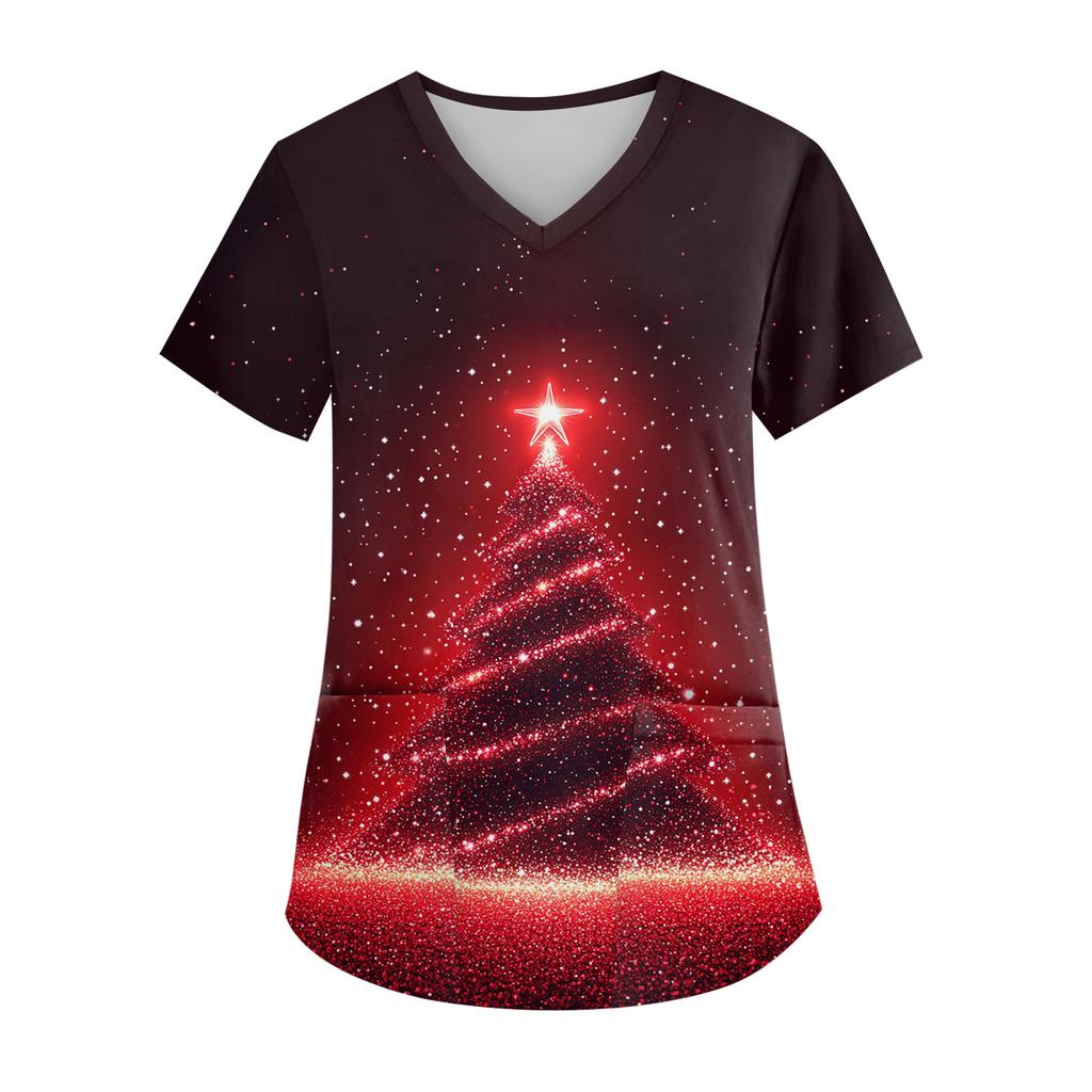 Women's V-neck Christmas Print Short-sleeved Pocket Side Slit Uniform Top