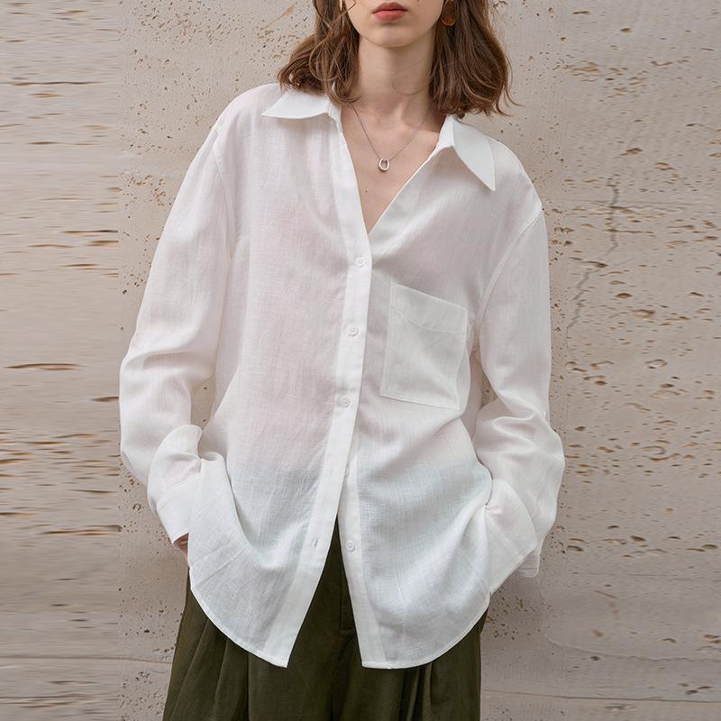 % Flax light and thin long-sleeved women's shirt spring and summer new solid color high-end loose women's shirt