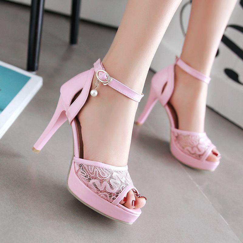 2025 Sexy Women Sandals Peep Toe Stiletto 8.5cm Platform Breathable Mesh Big Size 44 45 46 Buckle Strap Fashion Shoes
