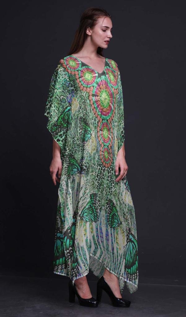 Phagun Butterflies & Leopard Animal Skin Beach Kaftan Bikini Cover Up Womena    S Maxi Dress Long