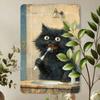 Vintage Black Cat Brushing Teeth Metal Tin Sign Retro Bathroom Wall Decor 20cm
