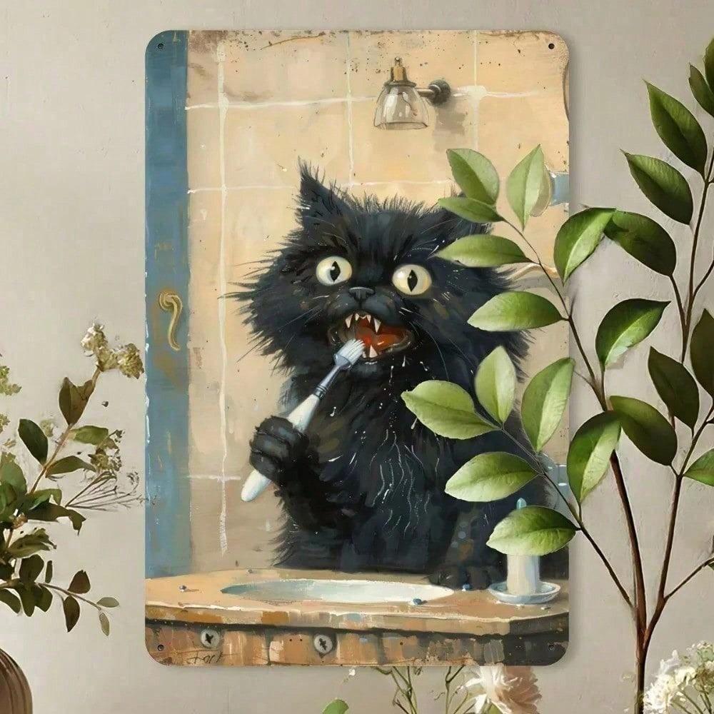 Vintage Black Cat Brushing Teeth Metal Tin Sign Retro Bathroom Wall Decor 20cm