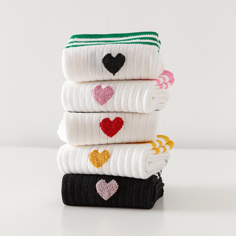 Heart Embroidery Mid-Calf Seamless Women's Socks - Korean Style, Striped, Solid Color Cotton for Autumn & Winter