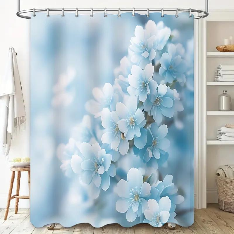 Blue Flower Pattern Shower Curtain for Bathroom Decor - Elegant and Soft Design for Your Home Waterproof Durable Easy-Clean