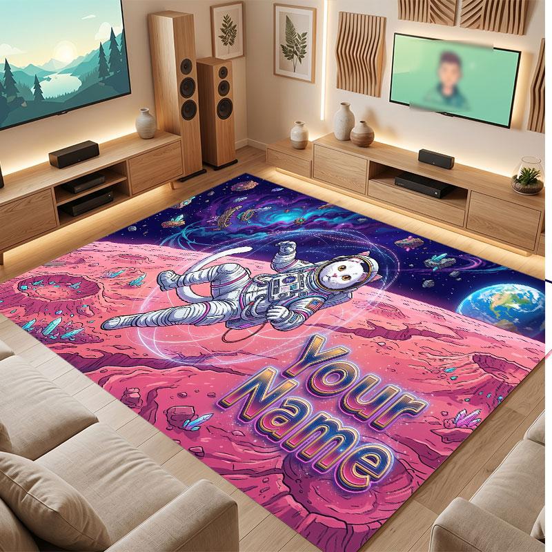 Space Cosmic Theme Crystal Velvet Floor Rug Personalized Custom Name Text Warm Carpet Home Decoration