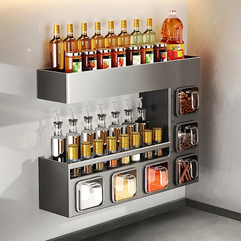 

Настенная металлическая полка для специй с 6 контейнерами для приправ - Компактный кухонный органайзер для бутылок, банок и контейнеров, для кухни чёрный