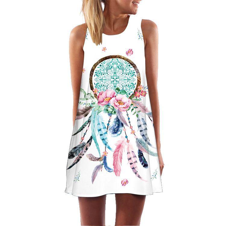 European and American New Retro Digital Printing Crew Neck Hot-selling Off-the-shoulder Medium and Long Vest Dress