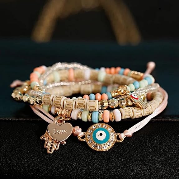 Bohemian Stackable Multilayer Hamsa Hand Evil Eye Lucky Protection Bracelets Multicolor Crystal Charm Beaded Bracelet for Women Girls