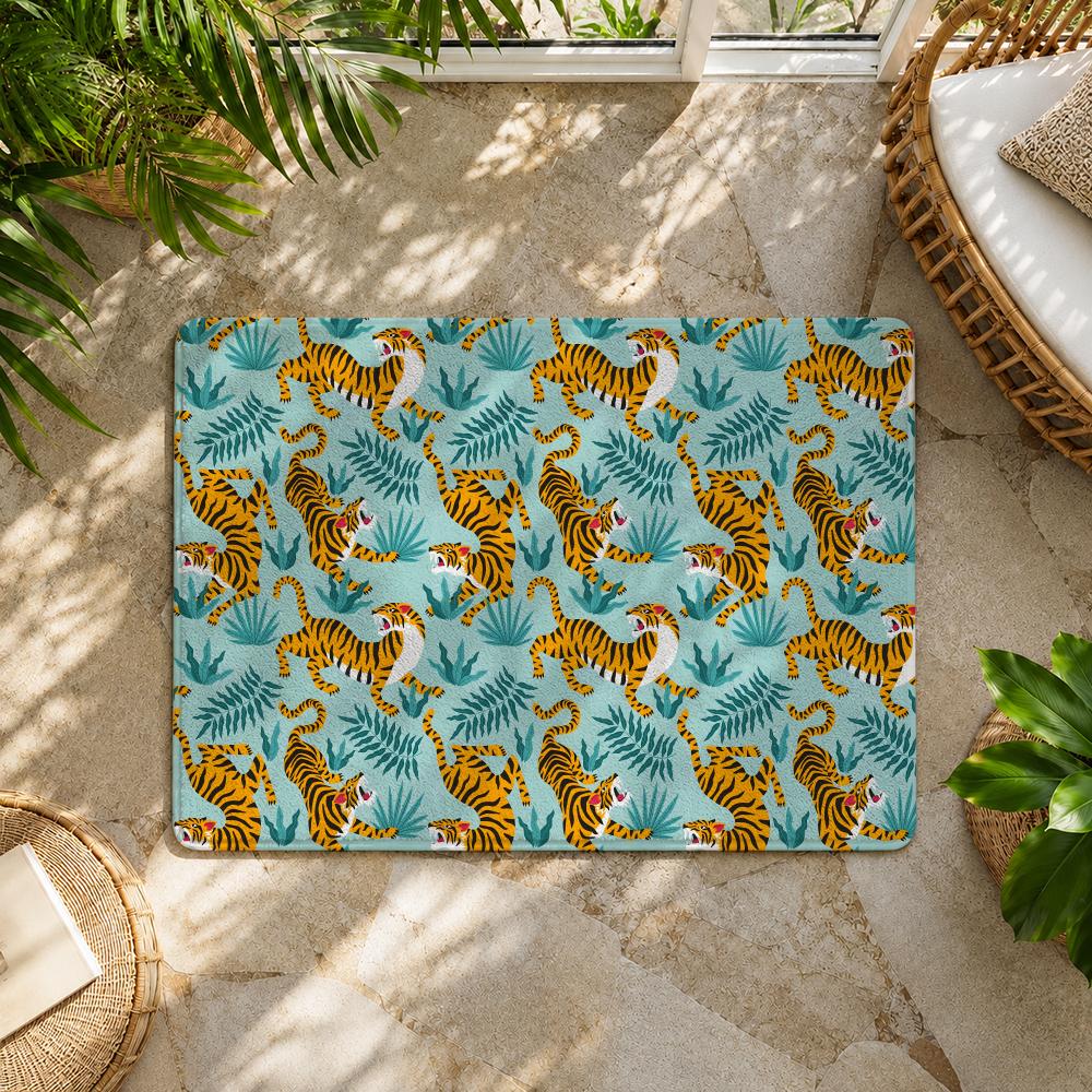 Jungle Animal Theme Design Floor Mat Flannel Rug Non Slip Absorbent Soft Washable for Entryway Hallway Bathroom Kitchen Decor