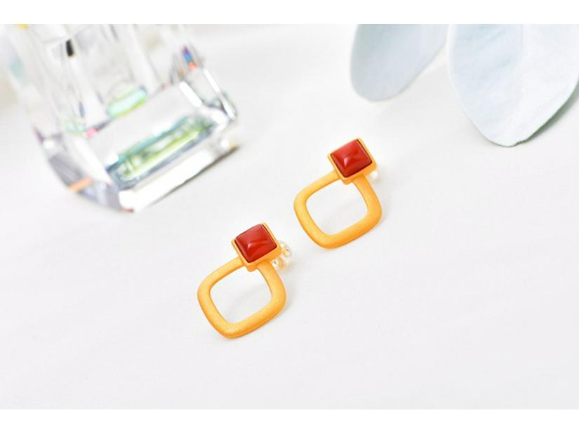 Gold-Plated Square Hollow 925 Sterling Silver Earrings with Southern Red Agate and Certificate for Women