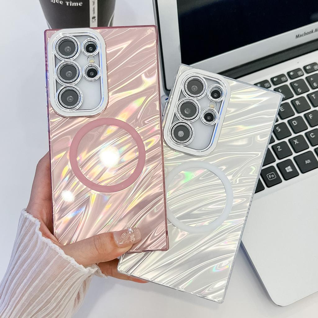 Laser Magnetic Suction Suitable for Samsung S25 Ultra Mobile Phone Case S24 Shell Pattern A56 Electroplated Flash Powder Lens Film