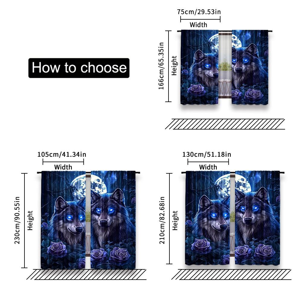 2Pcs Wolf With Rose In The Forest Under The Full Moon Print Curtains Suitable For Bedroom Bathroom Living Room Dining Room Study