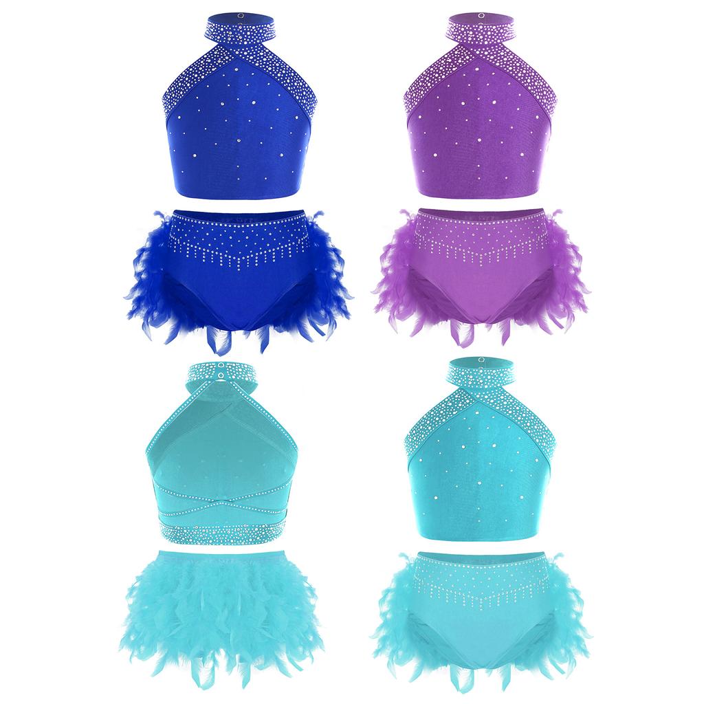 Dívčí halterneck bez rukávů bez zad zkřížená záda třpytivé kamínky taneční vesta s peříčkovými kalhotkami