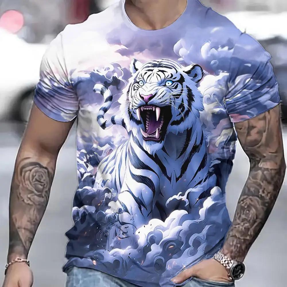 Tiger For Men 3D Animal 3D Print Summer Short Sleeved Pullover Oversized Top Casual