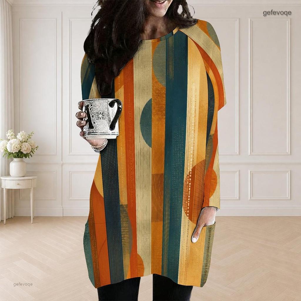 Women Plus Size Round Neck Long Sleeve Geometric Printed Loose Longline Top With Pockets