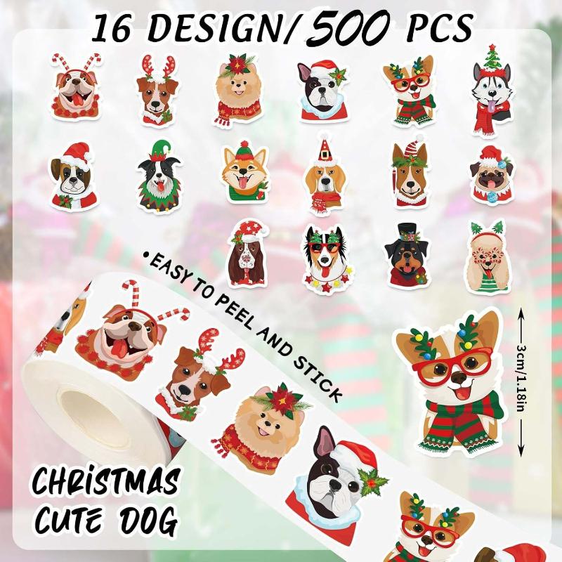 500Pcs Christmas Themed Puppy Dog Stickers, Self-Adhesive for DIY Scrapbook, Journal Decor, Festive Parties