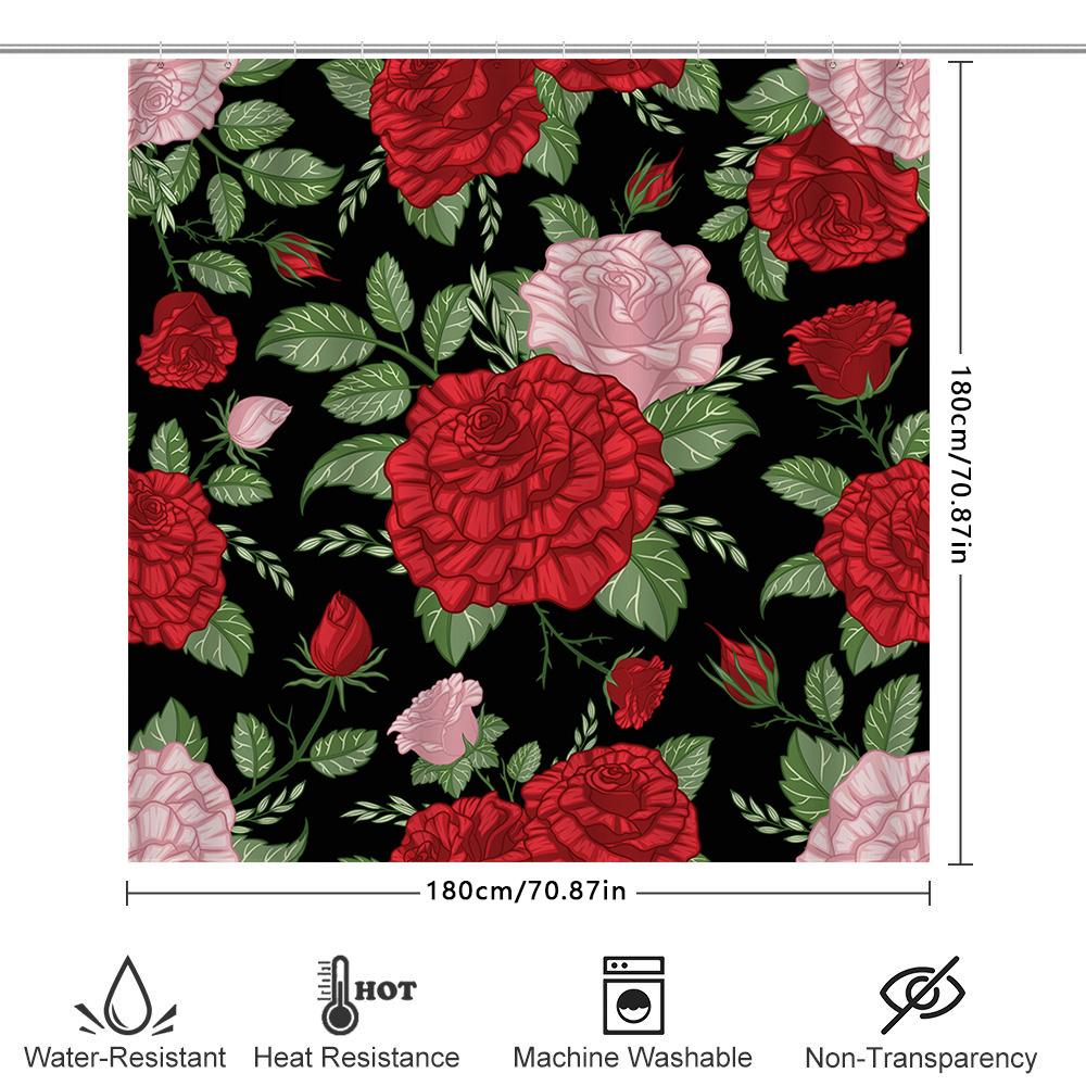 Beautiful Red Roses Flower Bath Shower Curtain Waterproof Washable Printing Decorative Rug Home Decoration (Multicolor)