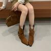 2025 New Pointed Belt Buckle Low Tube Thin Suede Fashion Martin Chelsea Women's Short Boots