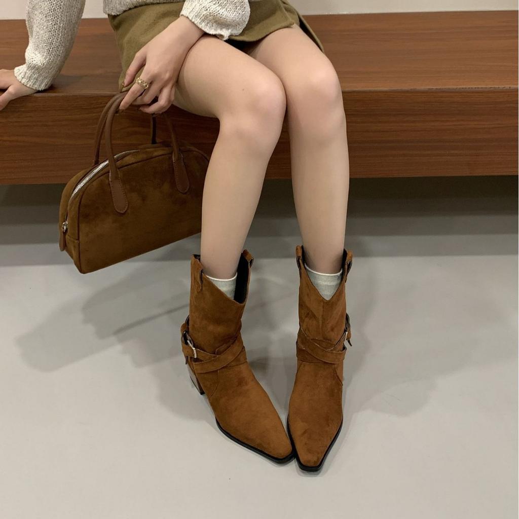 2025 New Pointed Belt Buckle Low Tube Thin Suede Fashion Martin Chelsea Women's Short Boots