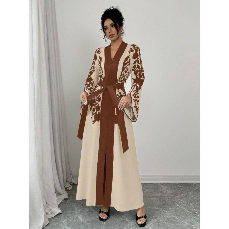 

Женское платье с принтом, длинными рукавами, V-образным вырезом и цветовым сочетанием 2XL