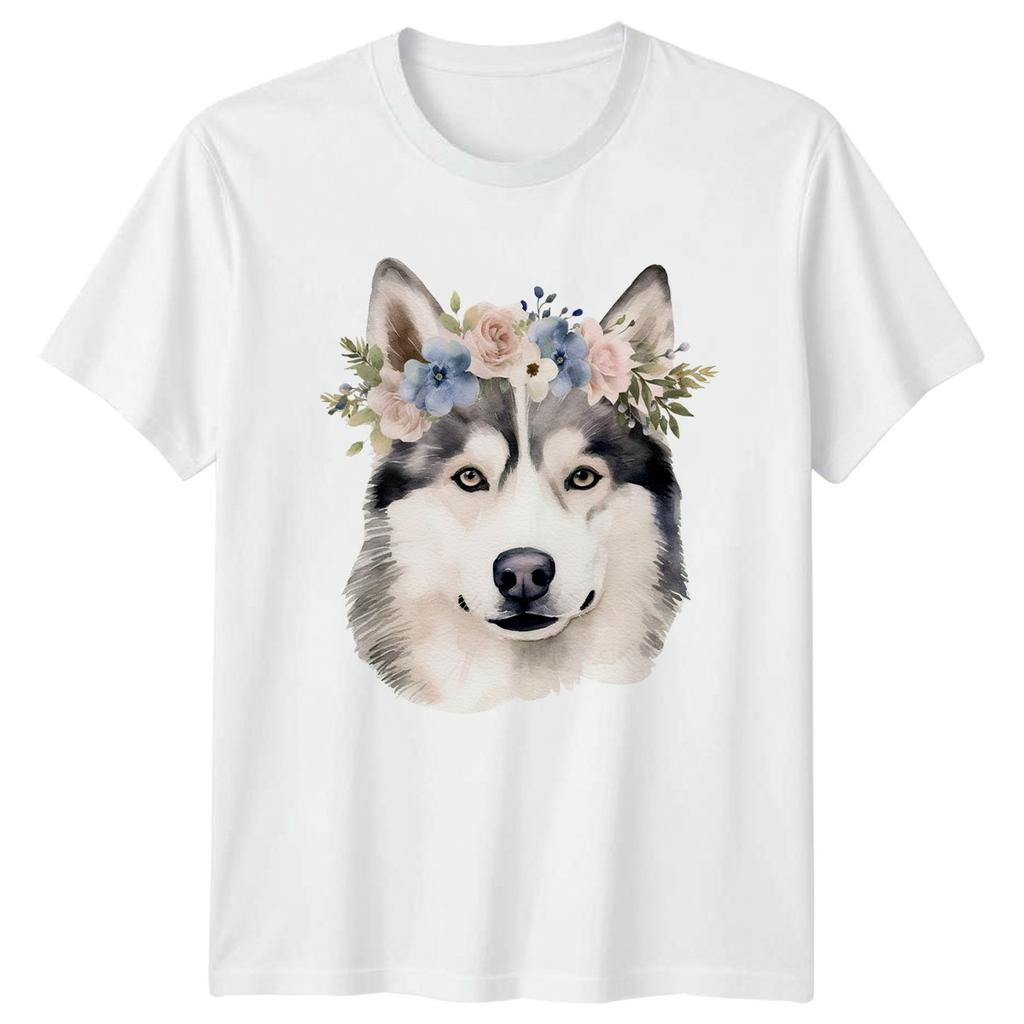 Watercolor Siberian Husky Dog With Unisexs TShirt Flower Crown Pet Portrait