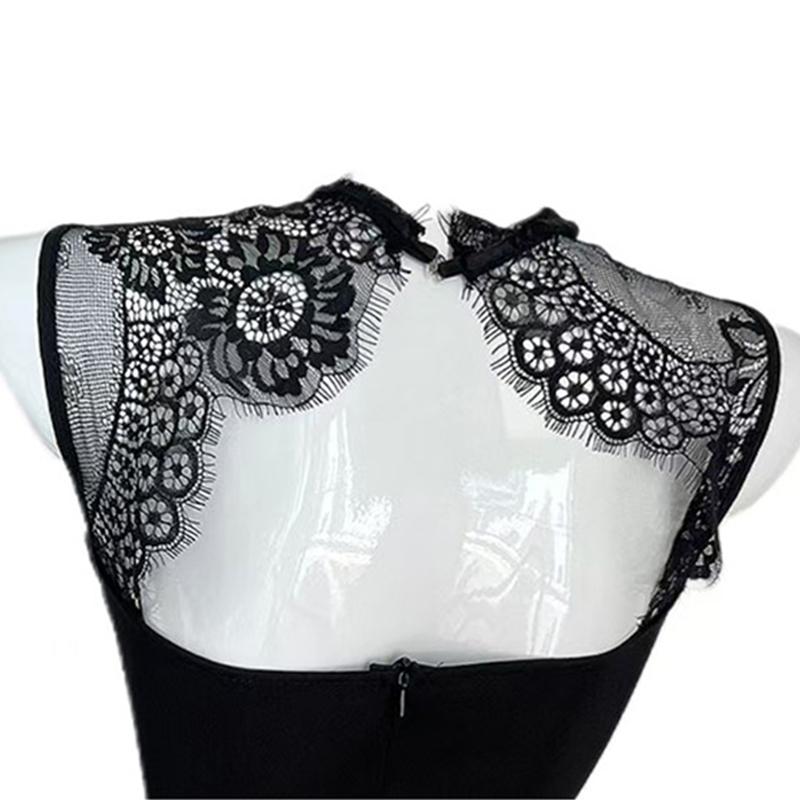 2025 New Sheer Bodycon Skirt Black Sexy Lace-Trimmed Mesh Nightdress Strappy Padded Home Sleep Dress