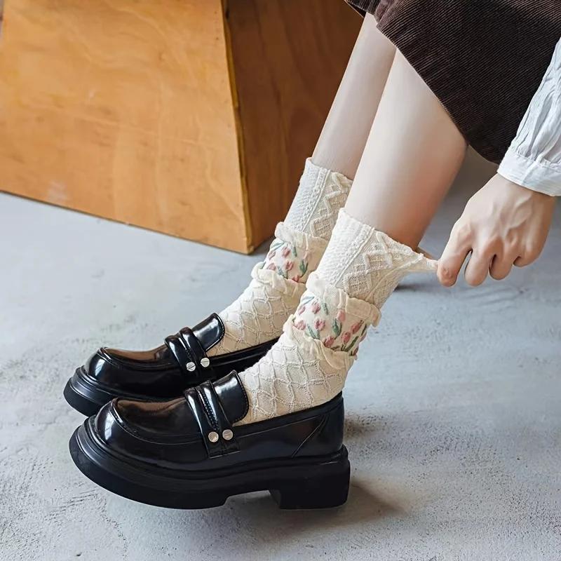 4pairs Floral Socks Set, Women Cute Flower Geometric 3D Textured Ankle Cotton Blend Cottagecore Lucky Socks