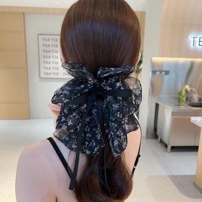 Elegant Sweet Floral Print Hair Clip Large Bowknot Decor Hair Claw Girl Ponytail Hair Crabs Ribbon Non-slip Hair Accessories