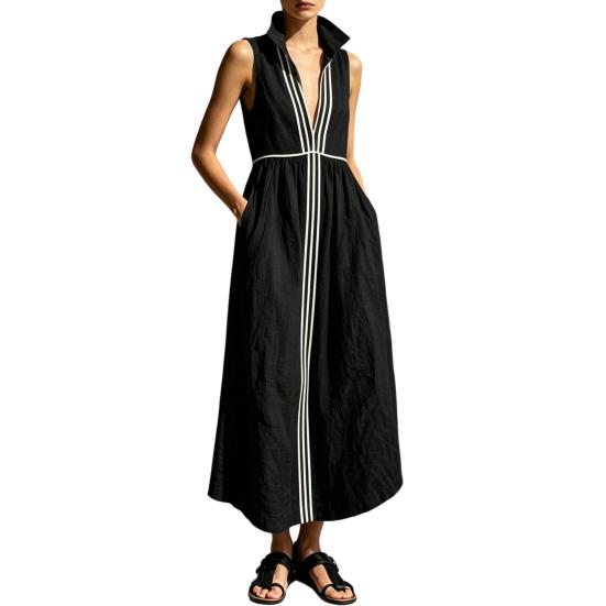 Women s Summer Sleeveless Maxi Dress Zip Up Stand Collar A-line Long Dress Color M чёрный