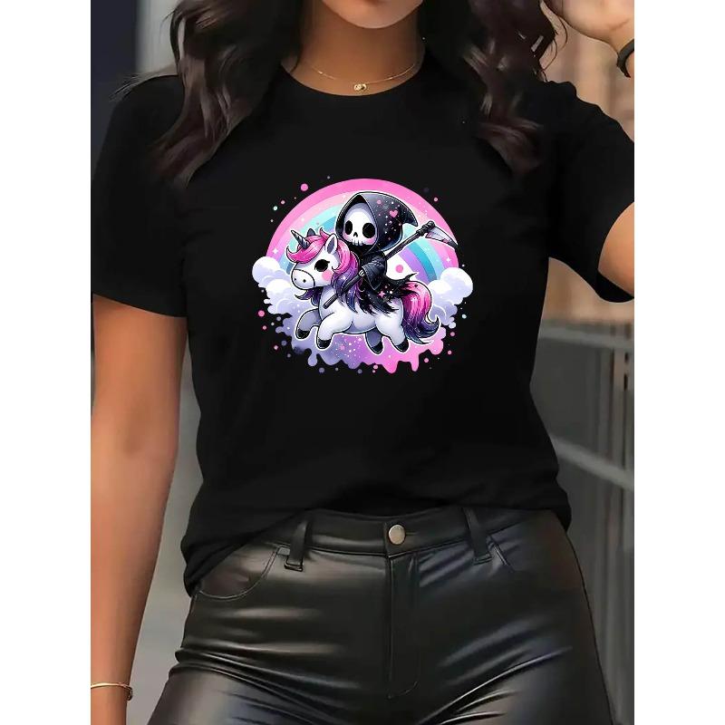 

European sizes Women S Unicorn Graphic Tee - Stylish Casual Round Neck Short Sleeve T-Shirt with Whimsical Death Design 4XL чорний