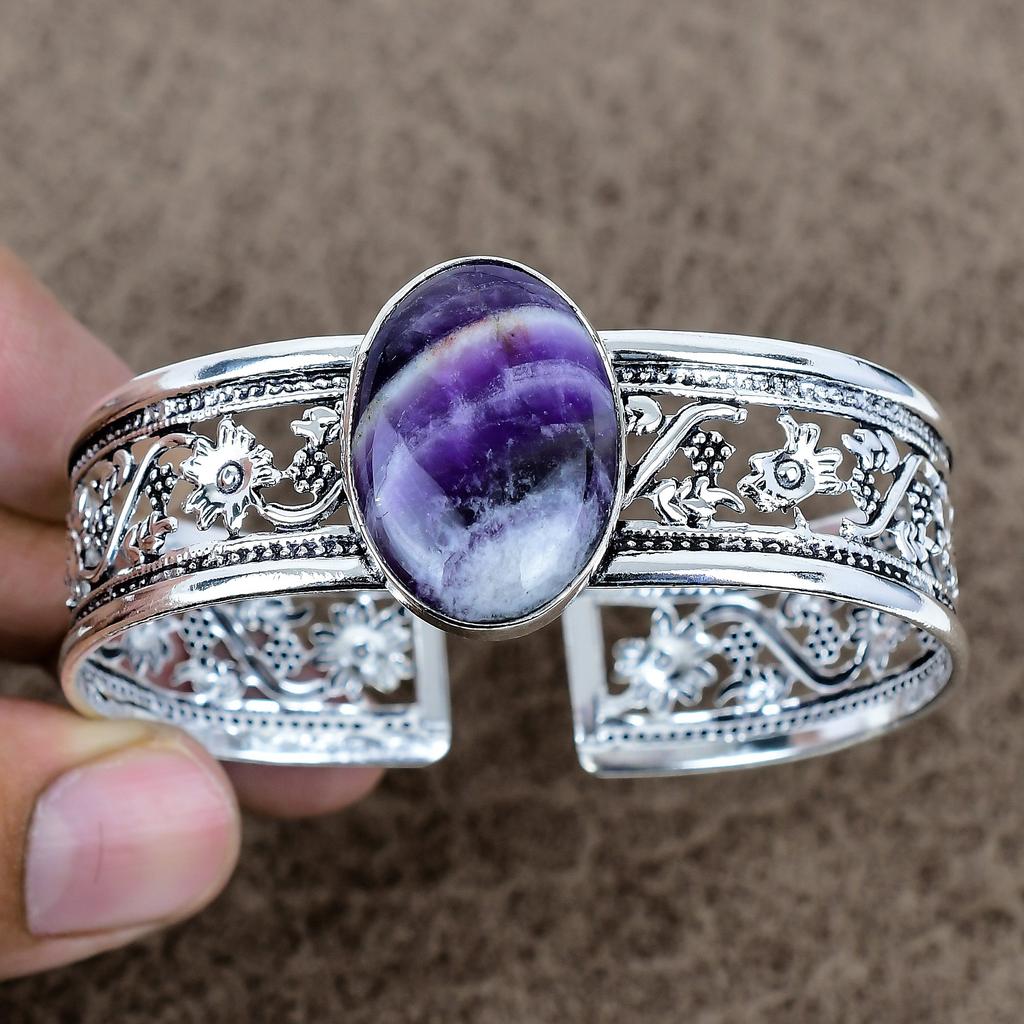Chevron Amethyst Gemstone 925 Sterling Silver Cuff Bangle Adjustable KKG-773