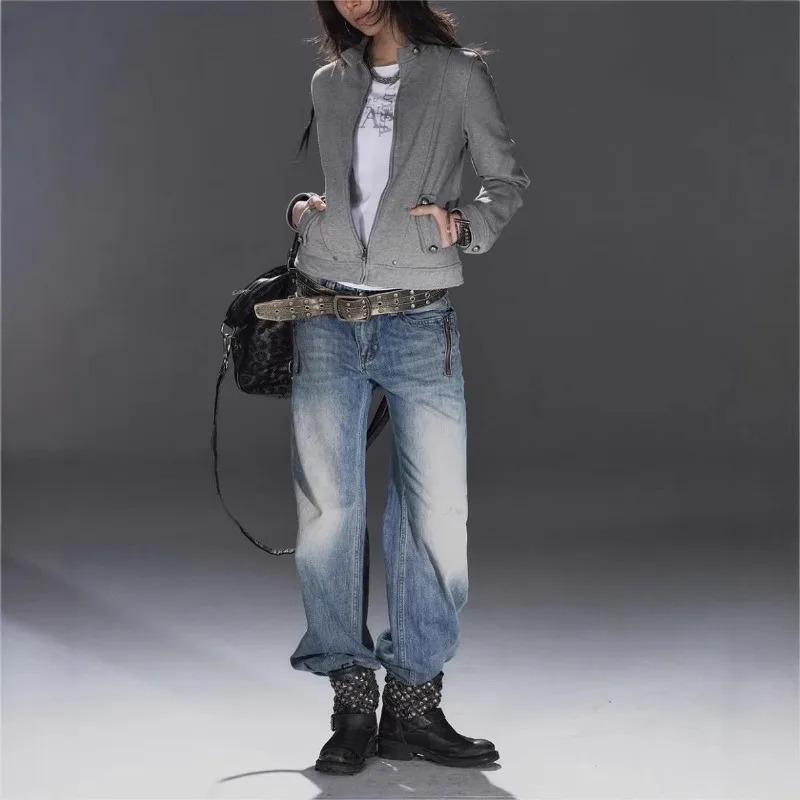 TrendHub American Retro Grey Stand Collar Solid Jacket Metal Buckle Slim Fit Hoodie Unisex