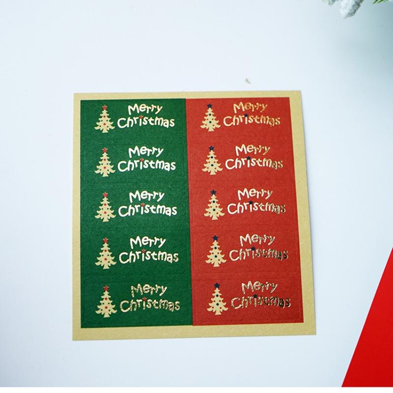 50pcs Vintage Christmas Sealing Stickers,Golden Foil Merry ChristmasTree Designs In Green,Red-Self-Adhesive Kraft Paper Labels