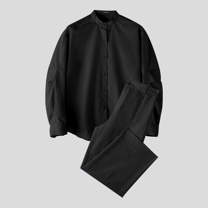 

INCERUN Two Piece Suit Men Stand Neck Long Sleeve Shirts Trousers Casual Sets S чёрный