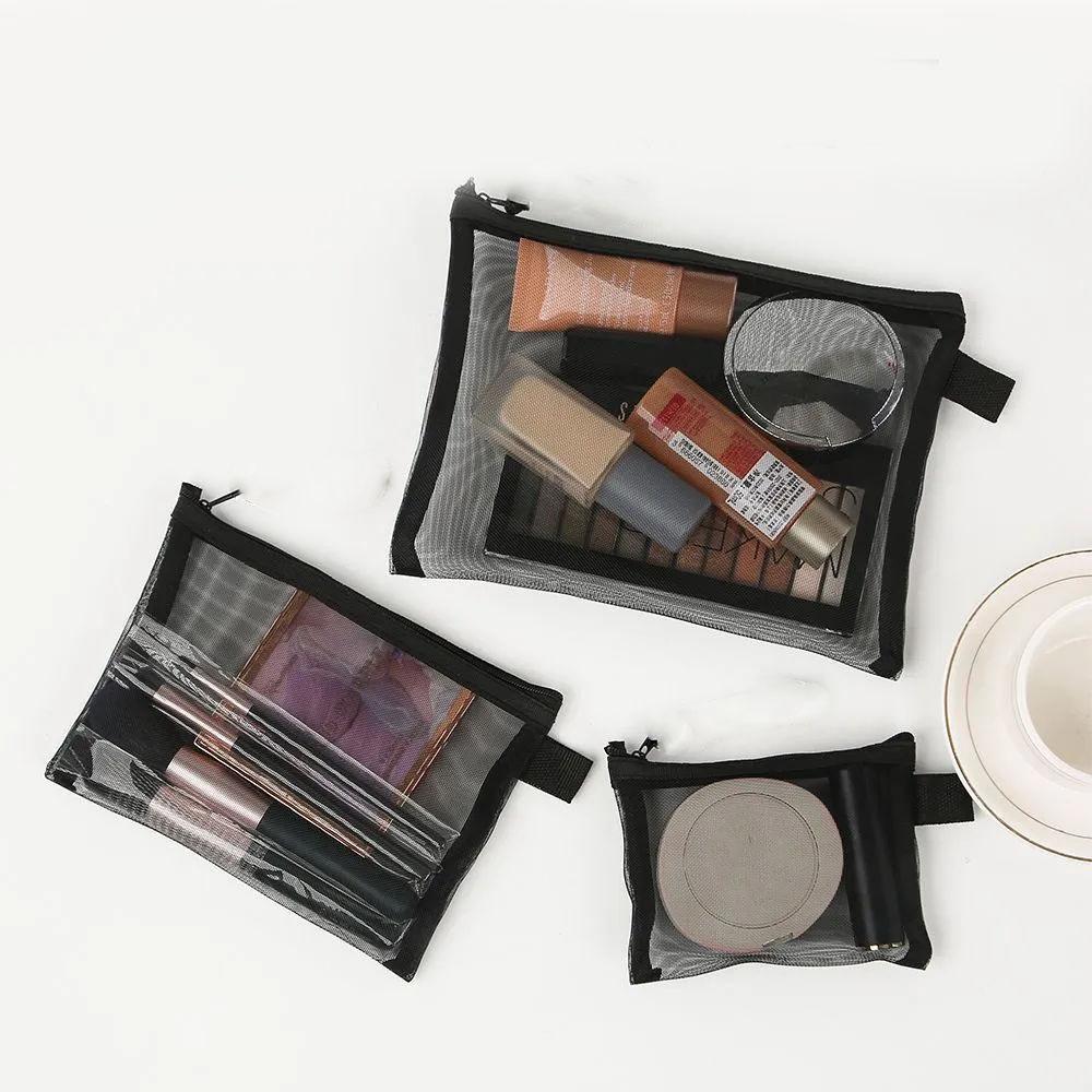 1pcs Unisex Mesh Clear Cosmetic Bags Small Large Black Makeup Bag Portable Travel Toiletry Organizer Case Lipstick Storage Pouch