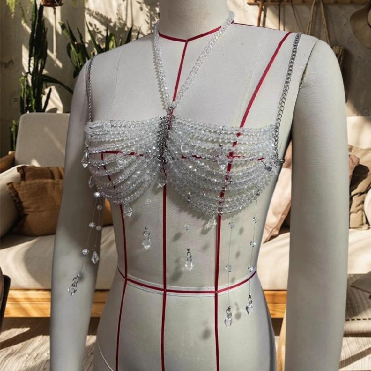 Beaded Body Chain Bra Multilayer Beads Chest Chains Body Accessories Jewelry for Women Girls Nightclub Raves Body Jewel