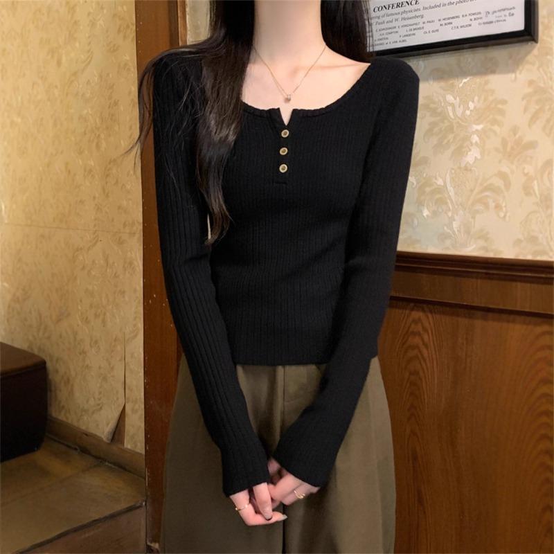 Design Sense One-word Shoulder Lapel Long-sleeved Knitted Sweater Women's Inner Slim-fitting Sweet and Spicy Bottom Sweater Outer Top