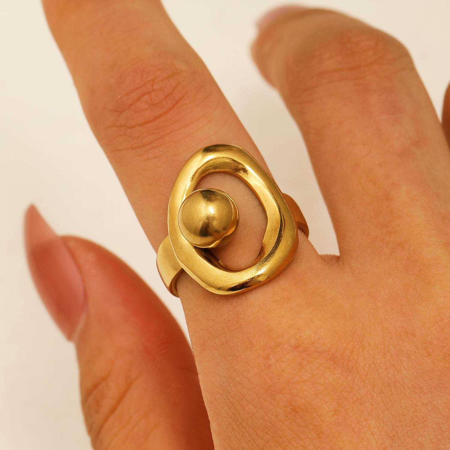 

Высококачественное геометрическое полое кольцо из нержавеющей стали в стиле инс, сочетающее золотой и серебряный цвета, сферическое кольцо из титановой стали 2026