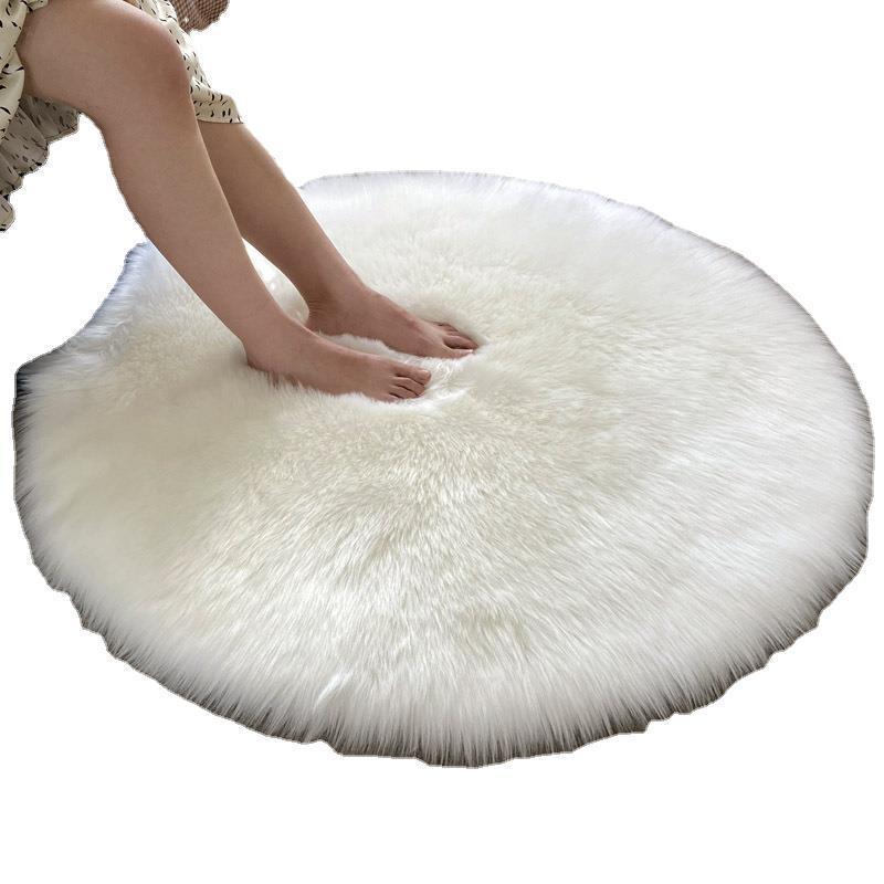 Bílý nadýchaný kulatý koberec - Imitace vlny pro obývací pokoj, počítačovou židli nebo ložnici