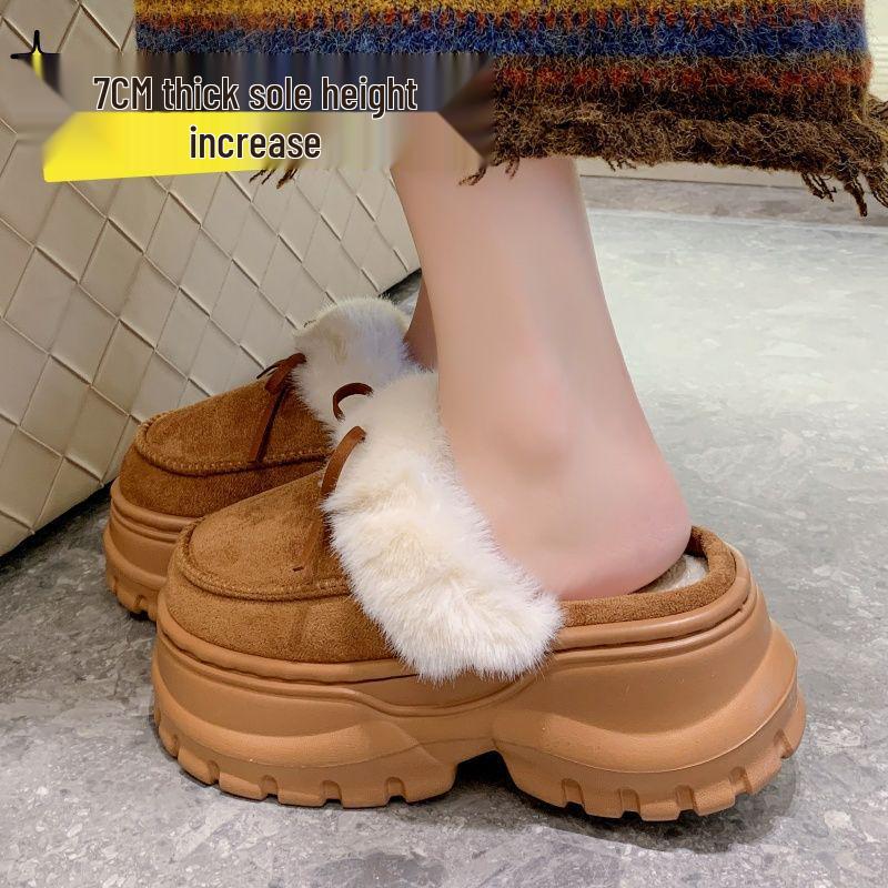 Women's Ultra-Thick Velvet Furry High-Heeled Cotton Slippers for Autumn & Winter 2025 – Height-Boosting Outdoor Warm Footwear.
