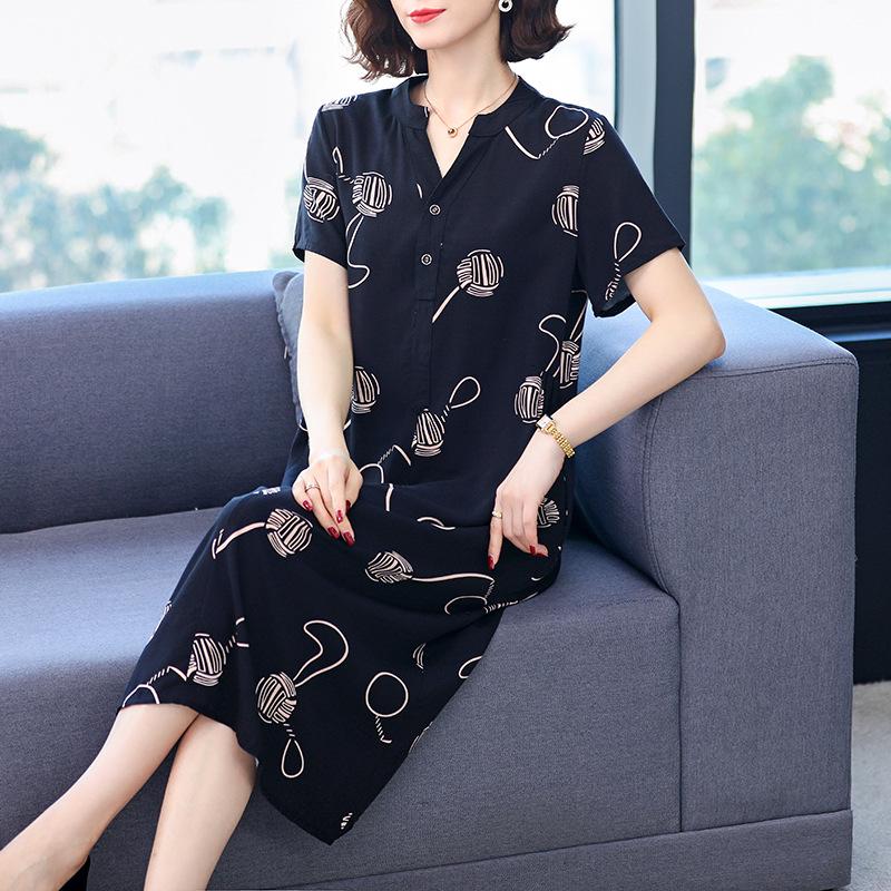 2024 Women's Floral Mid-Length Cotton Silk Slimming Plus Size Skirt Dress