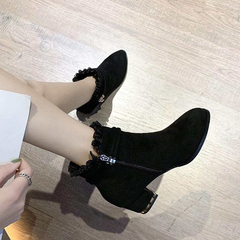Fashion temperament Martin boots autumn and winter new mid-heel mesh black versatile matte velvet shoes women's shoes short boots