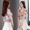 Floral Printed Chiffon Shirt Women's Summer New Women's Short Sleeve Off Shoulder Beaded Top V Neck Blouse