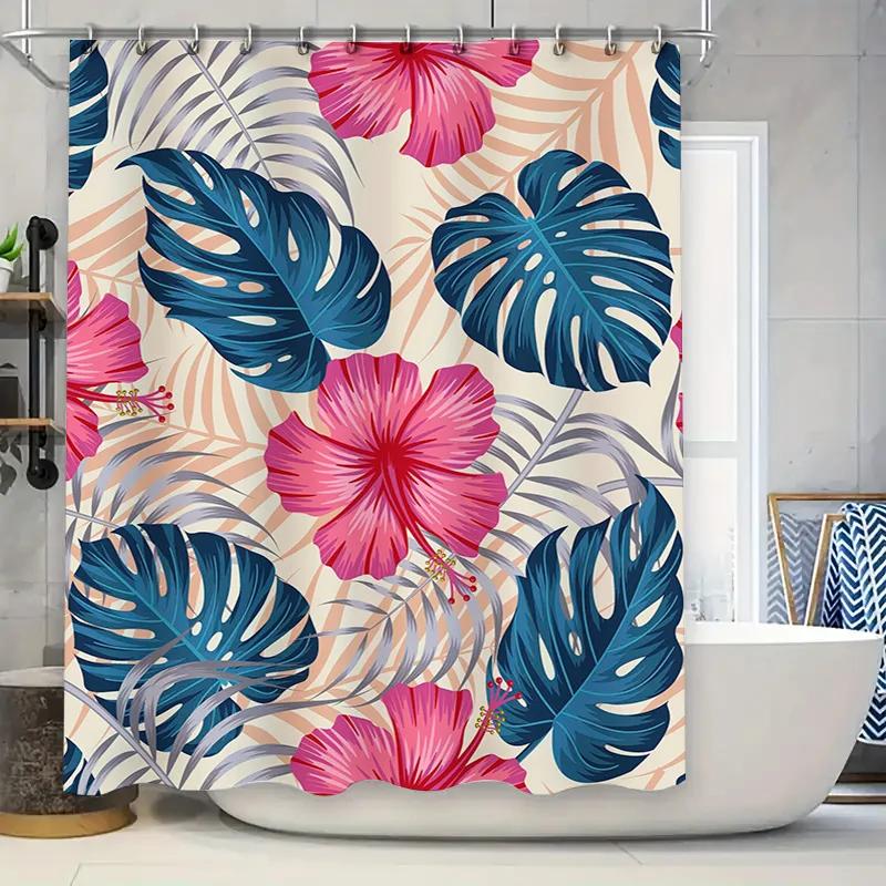 

Vibrant Monstera Hibiscus Shower Curtain Waterproof Fabric For Bathroom Decor In Pink, Blue, Green, Greysize 72X84 Inches W60H190(CM)-1 Pcs