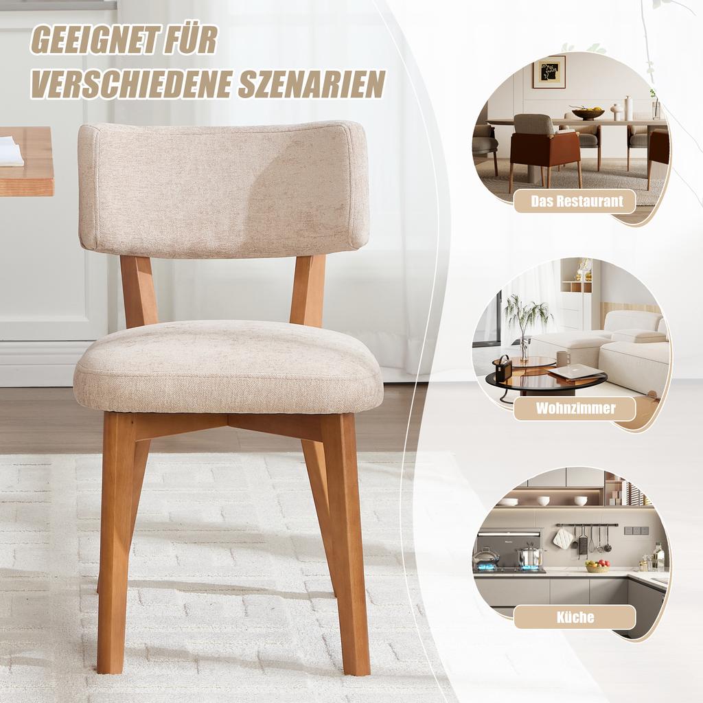 Modern Mid-Century Style Dining Chair Set of 2, Solid Wood Legs Fabric Padded Seat for Kitchen, Dining Room or Office (Khaki-colored Linen Fabric)