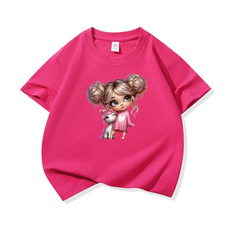 Kids Cotton T Shirt Charming Girl With Pink Unicorn Print Crew Neck Short Sleeve Tee Casual Boys Girls Summer Tops
