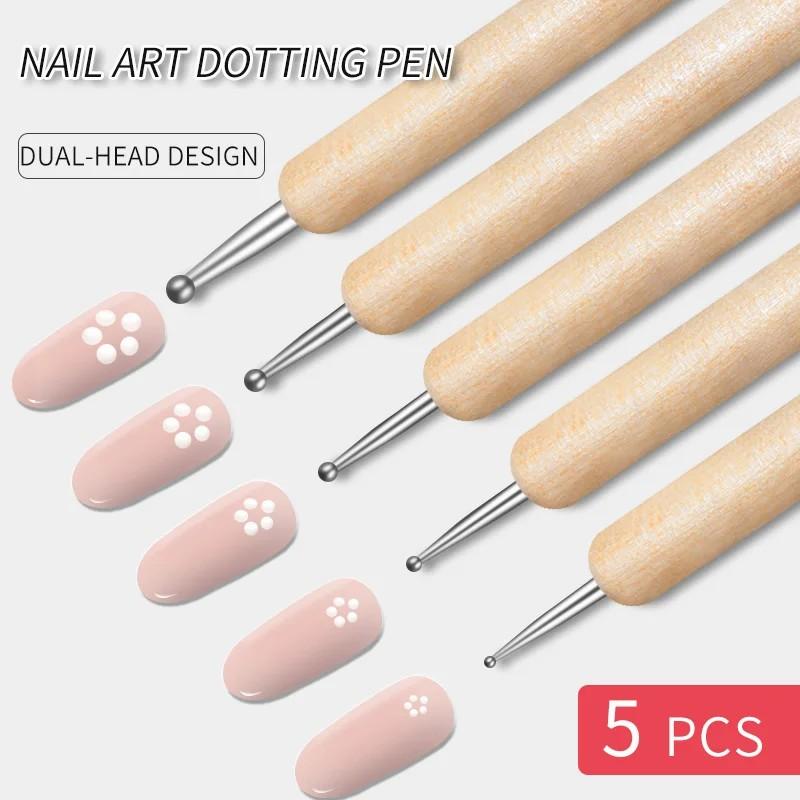 Dual-End Wooden Dotting Pen Marbleizing Tool Set for Nail Design Manicure Painting Kit 5pcs