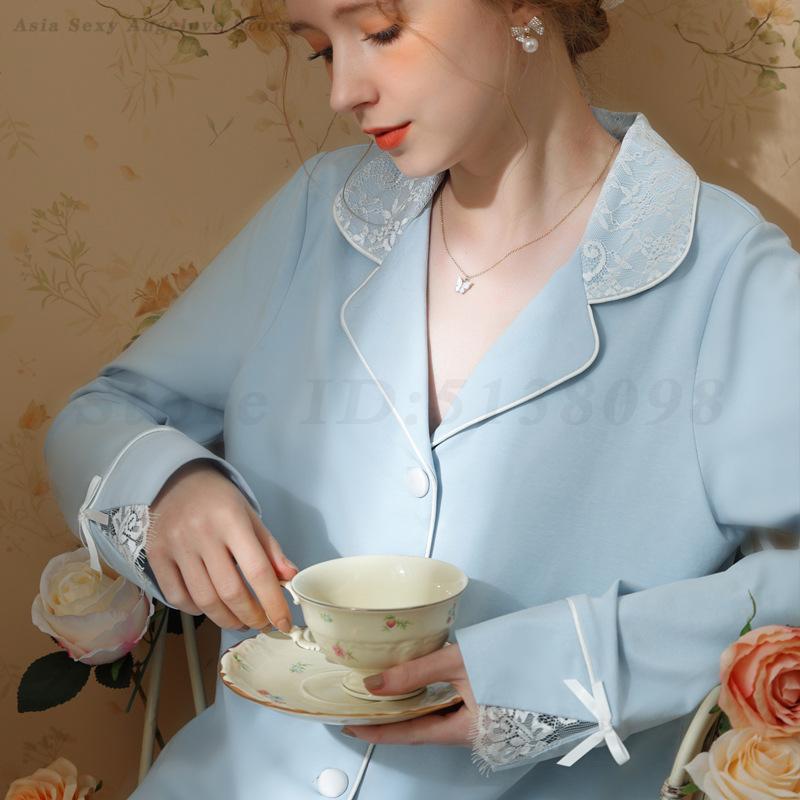 Female Luxury Elegant Pajamas Suit Sexy Lace Patchwork Home Clothes Sleepwear Long Sleeved Trousers 2PCS Pyjamas Set Lounge Wear