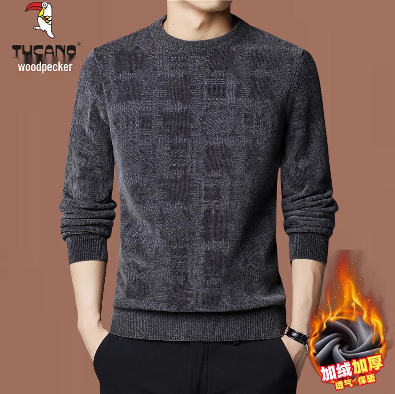 Woodpecker Men s Chenille Sweater - Autumn/Winter, Plus Velvet, Thick Warm Knit, Round Neck Base Layer 2XL: 150-165 lbs